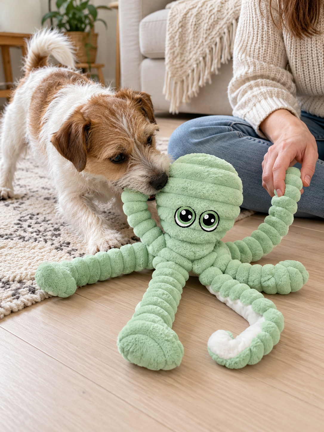 Octopus Squeaky Plush Dog Toy in an everyday home setting
